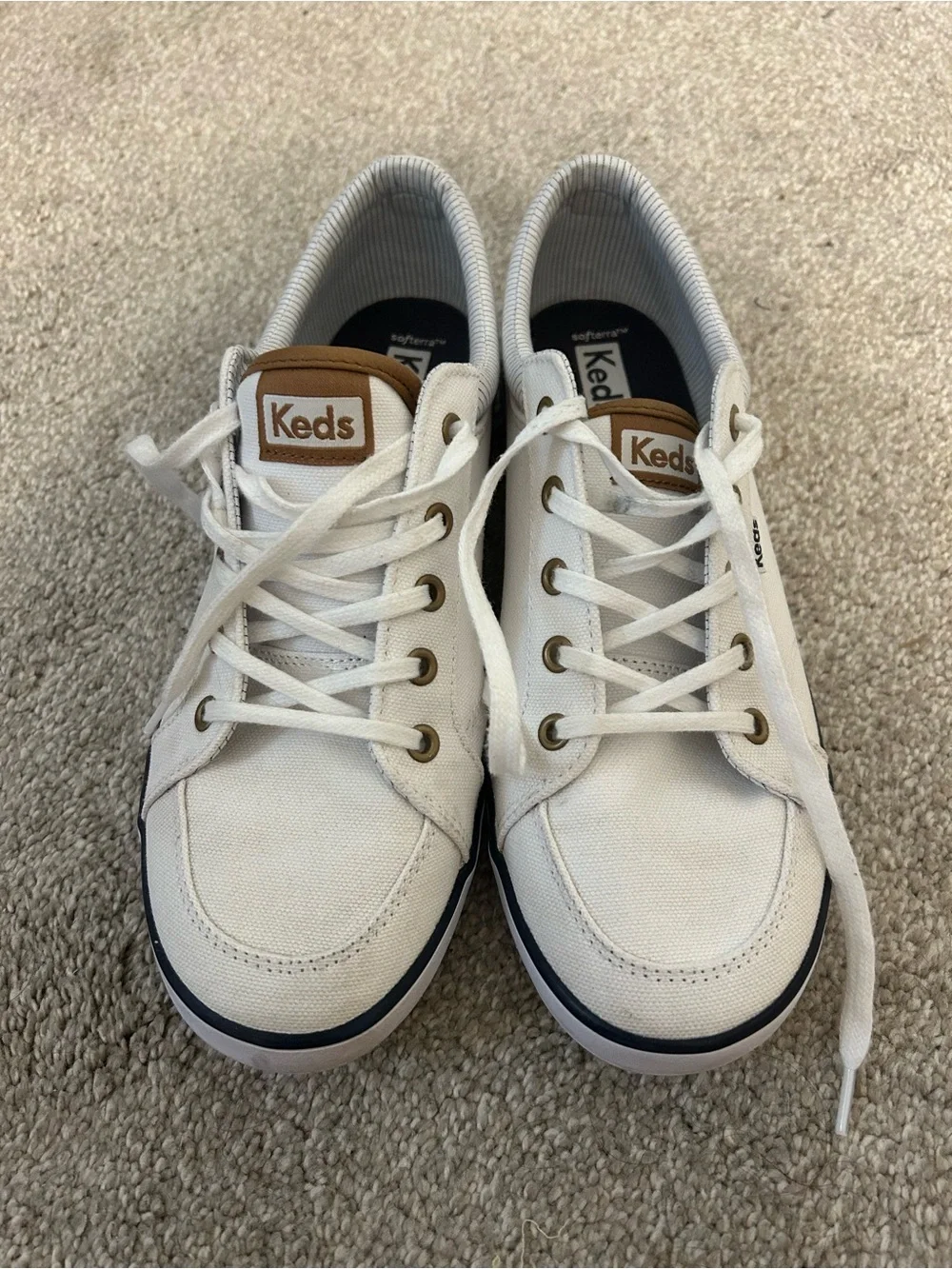 Keds White Canvas Center III Sneakers with Navy Trim and Tan Logo